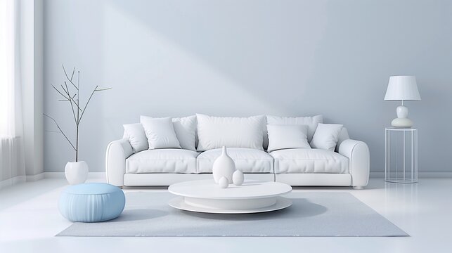 Sala de estar con sof&aacute; blanco y cojines azules, decoraci&oacute;n elegante y minimalista