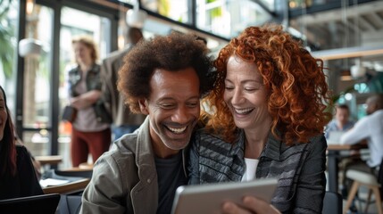 Friends Sharing Laughter with Tablet