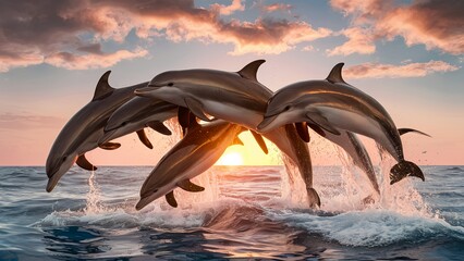 Fototapeta premium a playful group of dolphins leaping out of the ocean, captured against a backdrop of a setting sun