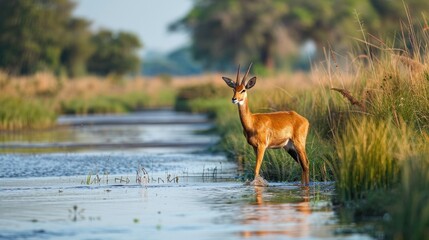 In Zambia's Bangweulu Wetlands, a black lechwe leads the way across a water channel.