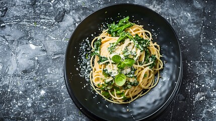 Classic Spaghetti with Greens and Parmesan Cheese on Black Plate with Artistic Background