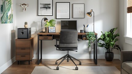 Comfortable and organized home office with desk chair computer and decor creating ideal workspace