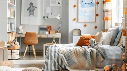 Contemporary Kids Room with Cozy Bedding, Play Area with Toys, Minimalist Decor, Study Desk, Shelving Units, and Neutral Color Palette