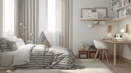 Obraz premium Modern Childrens Bedroom with Striped Bedding, Functional Study Area, Soft Toys, Wall Shelves with Books, Light Grey Curtains, and Plush Floor Rug