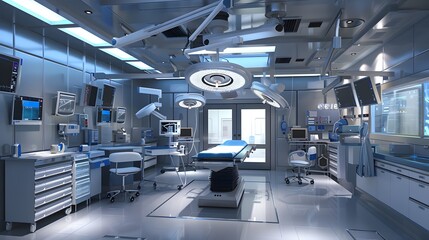 Futuristic Operating Theater with Innovative Medical Technology, Digital Displays, Advanced Lighting System, Ergonomic Design, and Comprehensive Medical Instruments