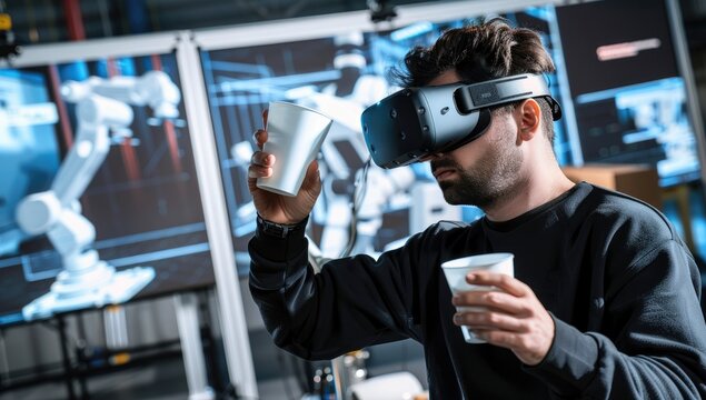 A professional in the tech industry testing virtual reality equipment, showcasing innovation and adaptability