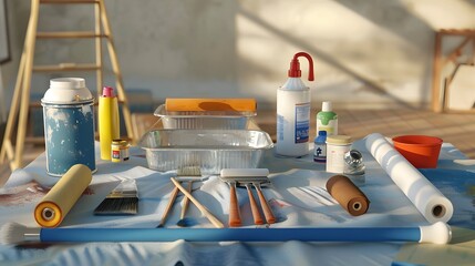 Arrangement of painting supplies, drop cloth, rollers, brushes, ladder, showcasing ready-to-go painting setup
