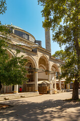 A beautiful detail view of the main entrance of the Çoban Mustafa Paşa Mosque.