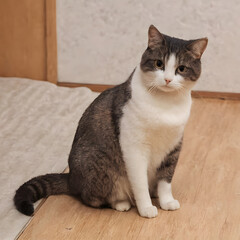 Domestic cat sitting on a wooden floor. Cute pet.