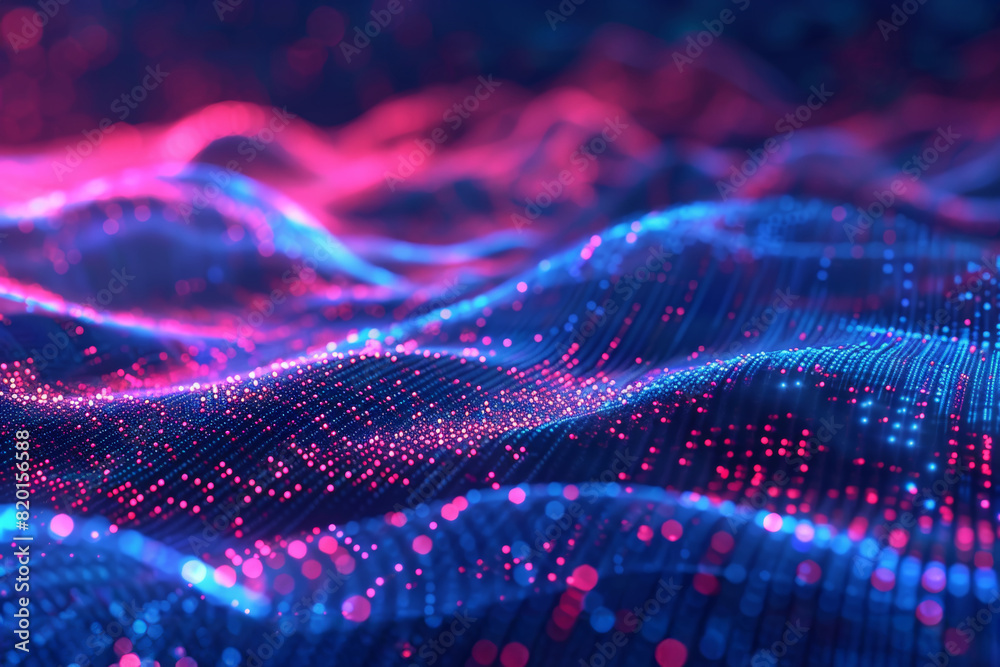 Aufkleber neon digital multicolored particles grid, moving dots in cyberspace light waves for hi-tech brochure