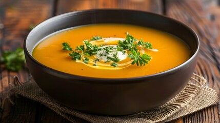 Close-Up of Pumpkin Soup in Black Bowl with Cream and Fresh Parsley Garnish on Rustic Wooden Table