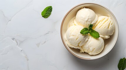 Creamy Vanilla Ice Cream in White Bowl with Fresh Mint Garnish on Marble Background