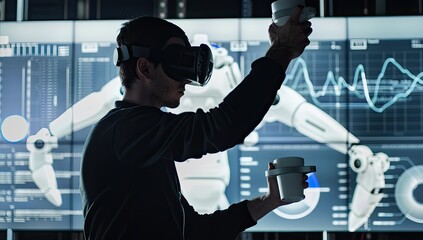 A professional in the tech industry testing virtual reality equipment, showcasing innovation and adaptability