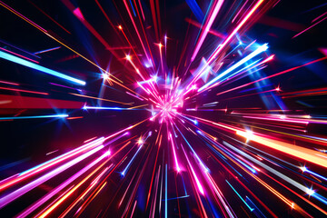 Fototapeta premium Neon pink and blue explosion with glow particles in the Universe. High speed of light sparkle multicolor burst abstract background for invitation, header background, event, celebration