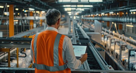 Portrait of a Thoughtful Middle Aged Engineer Monitoring and Analyzing Conditions at a Modern Electronics Factory with Automated Robots Working with the Help of Artificial Intelligence Software