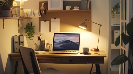 Fototapeta premium Cozy and Efficient Home Office Workspace with Laptop, Desk Lamp, and Organized Shelving