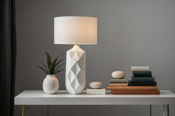 A sleek, white table with a geometric lamp and a few carefully selected, aesthetically pleasing books