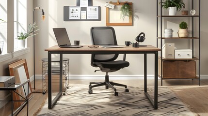 Contemporary Workspace with Ergonomic Chair, Wooden Desk, Laptop, and Organized Shelving in Bright Room