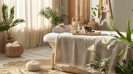 Serene Spa Treatment Room with Massage Table, Luxurious Towels, Organic Elements, Peaceful Atmosphere Enhanced by Natural Light