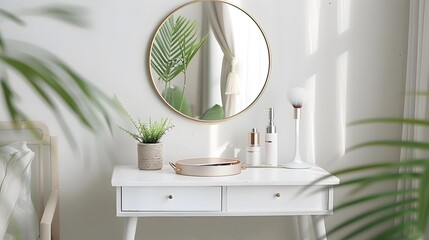 Minimalist Bedroom with White Vanity, Round Mirror, Elegant Decor, Green Plants Creating Fresh and Serene Atmosphere
