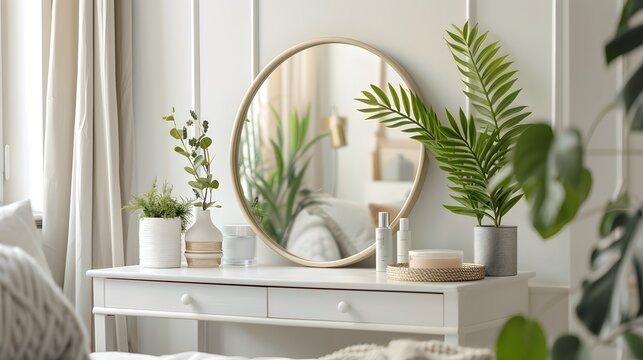Modern Bedroom Vanity with White Dressing Table, Round Mirror, Houseplants, Chic Decor Elements for Clean and Stylish Look