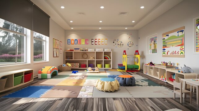 Bright and Airy Preschool Classroom with Educational Wall Decor, Soft Play Mats, Wooden Storage, Floor-to-Ceiling Windows