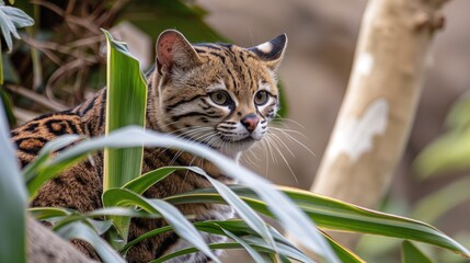 A jungle cat perched on a tree branch outdoors