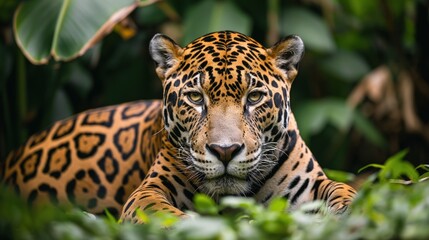 Obraz premium Close-up of a tiger resting in grass in its natural habitat
