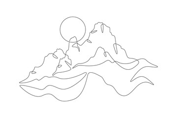 Sunrise against the background of high mountains. Beautiful mountain landscape. Sunset in the mountains. Sun . One continuous line. Line art. Minimum one line. White background. One line drawing.