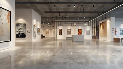 Sleek and sophisticated modern art gallery with polished floors, minimalist decor, contemporary art pieces on display