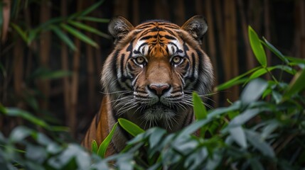 Fototapeta premium A tiger up close in a dense forest setting