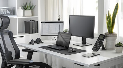 Modern Office Workspace with Dual Monitors, Laptop, Desk Plants in Bright Setting with Ergonomic Chair and Office Supplies