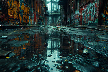 Desolate Urban Alleyway with Rain Puddles,
Urban street with rainy
