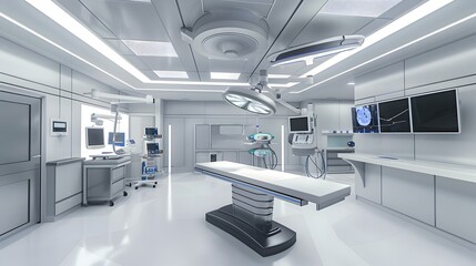 Modern Operating Room with Advanced Medical Equipment, Bright LED Lighting, Sterile Environment in High Tech Hospital