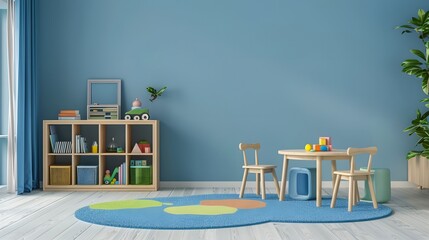 Children's Playroom with Wooden Table, Chairs, Educational Toys, Blue Wall Decor for Cozy Learning Space