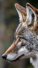 Fototapeta premium A wolfs face close up, trees in the background