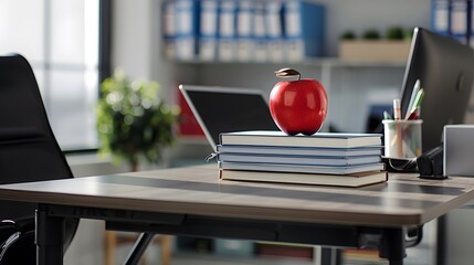 Close-Up of Teacher's Desk in Contemporary Classroom with Red Apple on Books, Laptop, Stationery in Natural Light - Powered by Adobe