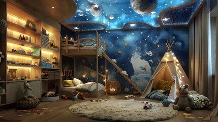 Whimsical children�s bedroom with bunk beds, cozy teepee, starry night sky ceiling, plush toys,...