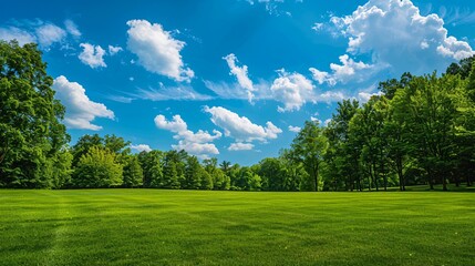 Fototapeta premium Natural and scenic backdrop featuring lush greenery, trees, and blue skies to evoke the beauty of the park setting