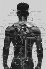 Man Unraveling Connectivity: Digital Techno-Fusion Amid Circuit Board Cosmos