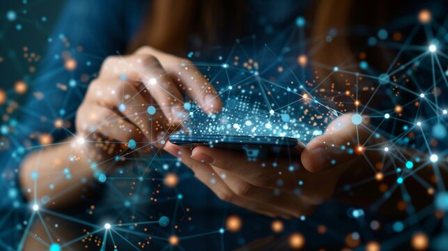 Futuristic online shopping technology enabling digital payments from mobile phones.