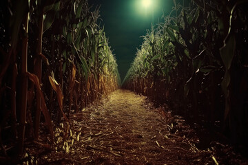 Mysterious moonlit path through a dense cornfield under a haunting night sky, evoking a sense of eerie solitude.