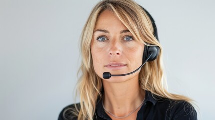 Naklejka premium a portrait style photograph of a beautiful blonde customer service woman looking directly at the camera on a headset, white background