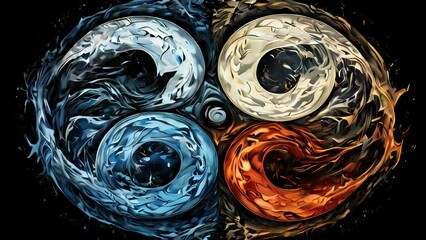 The four elements are fire, air, earth, and fire. painted animation of the interaction and balance of the elements in nature