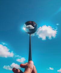 A photograph of a person's hand holding a large spoon towards the sky, with a single cloud in front of it. The background is a clear blue sky, with some clouds scattered around.