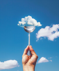 A photograph of a person's hand holding a large spoon towards the sky, with a single cloud in front of it. The background is a clear blue sky, with some clouds scattered around.