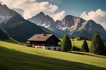 Country house in Alpine village. House in Alpine village. Sunny summer day. Dolomites, Val di Fassa, Italy.
