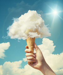 A hand holds an ice cream cone, with which it carries a big white cloud in front of a blue sky. In the background there are a few small clouds and sunlight shining on them