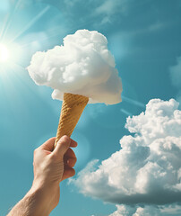 A hand holds an ice cream cone, with which it carries a big white cloud in front of a blue sky. In the background there are a few small clouds and sunlight shining on them