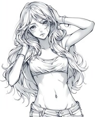 anime girl posing for photo, coloring book, no color repeat 10